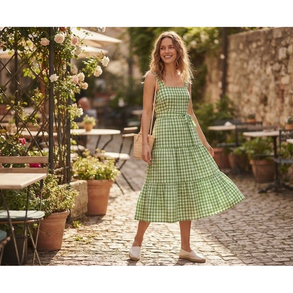 Draper James RSVP Dresses & Skirts - Draper James RSVP Green Gingham Tiered Midi Dress Cotton Ruffle Strap Size M